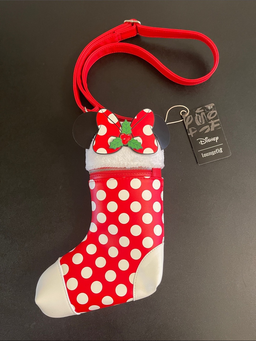 NWT Disney Loungefly Polka Dot Minnie Stocking Crossbody Bag Holly Bow